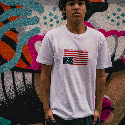 Person wearing a t-shirt with an upside-down American flag design that says America is Revolting