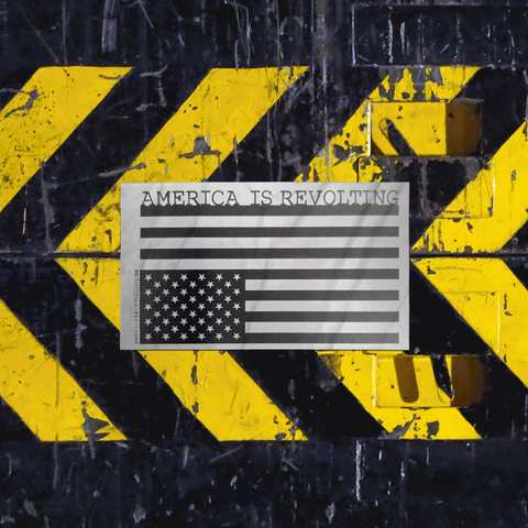 American flag with 'America is Revolting' text on a black and yellow striped background