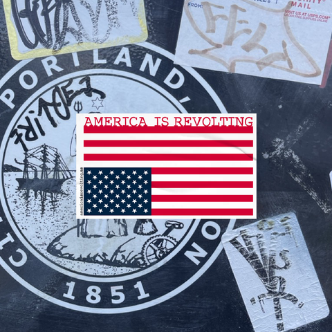 Upside down American flag sticker with 'America is Revolving' text on a textured background