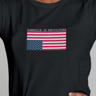 Black t-shirt with an upside down American flag and 'America is Revolting' graphic above the flag.