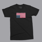 Black t-shirt with an upside down American flag and 'America is Revolting' graphic above the flag.