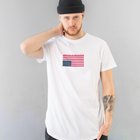 White t-shirt with an upside down American flag and 'America is Revolting' graphic above the flag