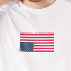 White t-shirt with an upside down American flag and 'America is Revolting' graphic above the flag