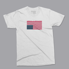 White t-shirt with an upside down American flag and 'America is Revolting' graphic above the flag