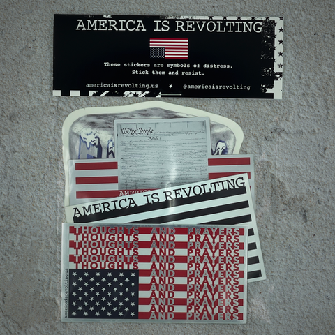Sticker pack with 'America is Revolting' design on a textured surface